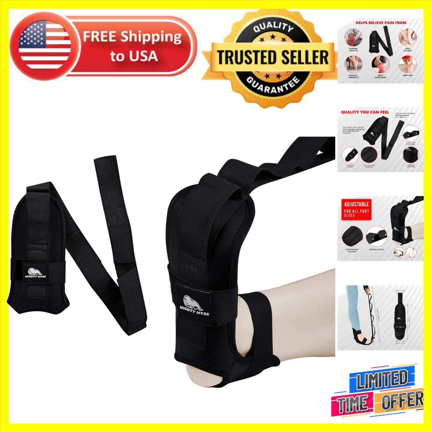 Elegant Black Foot & Calf Stretcher for Plantar Fasciitis Relief & Flexibility