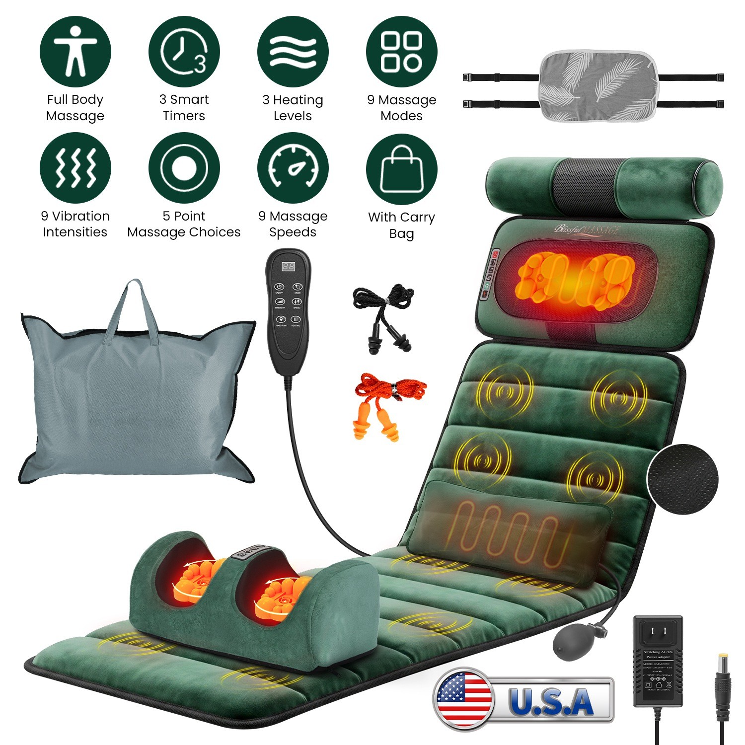 Green Full Body Massage Mat Shiatsu Heat Vibration Therapy Adjustable Intensity