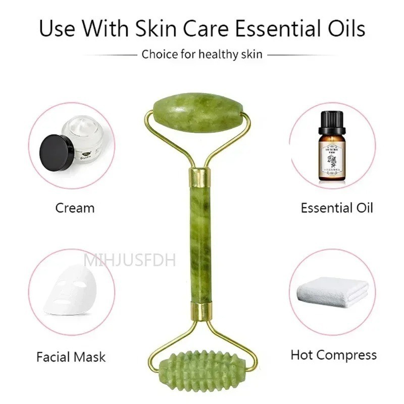 Natural Jade Roller & Gua Sha Set Face Body Massager Anti-Wrinkle Lifting Double
