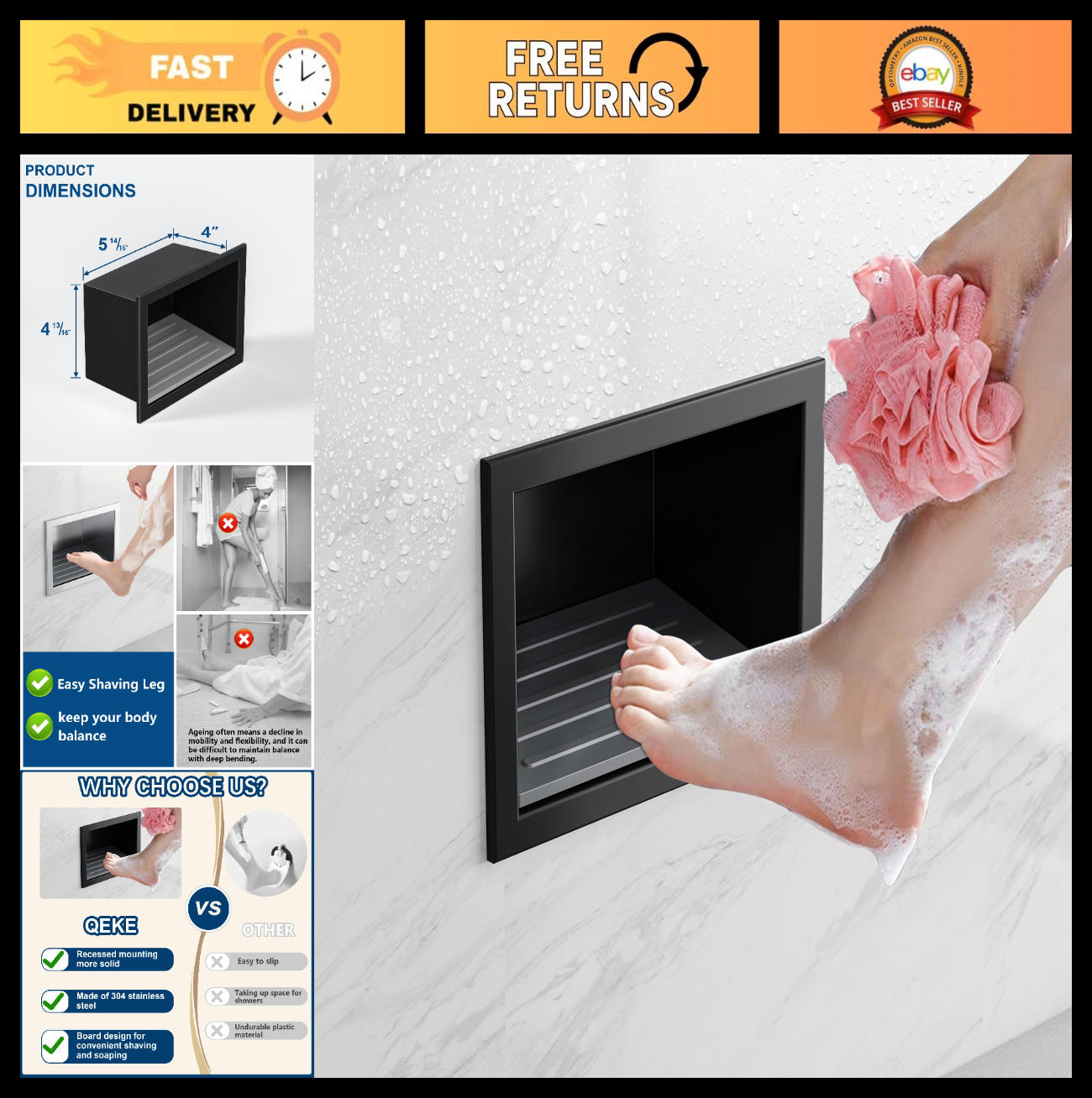 Shower Foot Rest for Shaving Legs – Stainless Steel Recessed Niche with Holder,